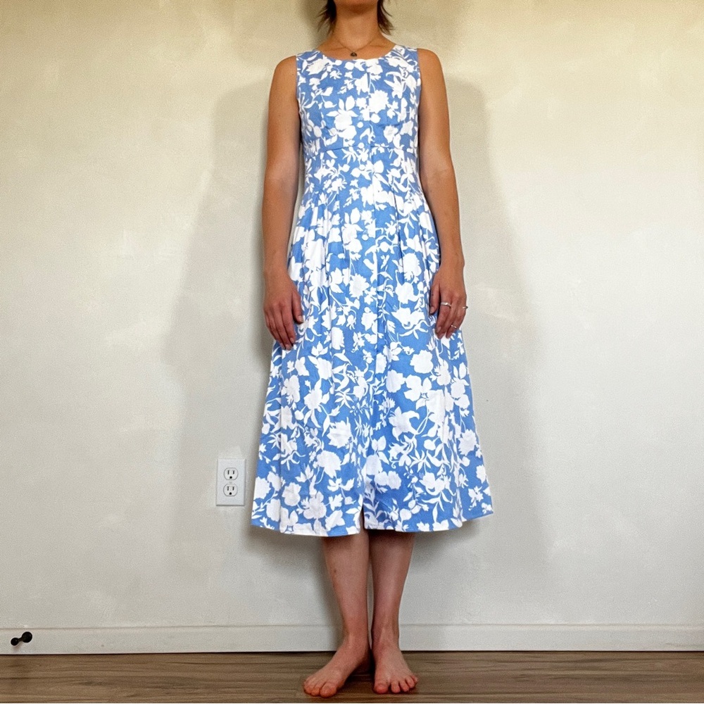 Blue and White Sleeveless A-Line Midi Sundress